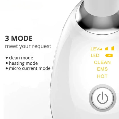 Face and neck massager with three mode settings: clean mode, heating mode, and micro current mode.