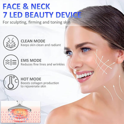 face and neck massager for skin sculpting, firming, and toning with 7 LED beauty device features.