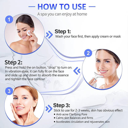 Image illustrating how to use a face and neck massager with step-by-step instructions for skincare routine.